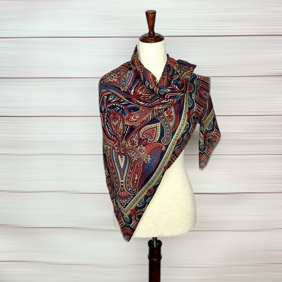 Large Square Scarf Paisley Red Blue Tan 46x46” - Picture 5 of 7